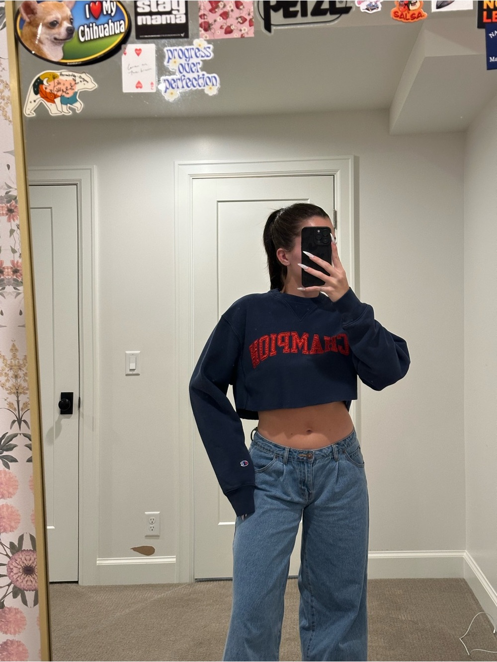 Champion Navy Cropped Crewneck with Red Logo